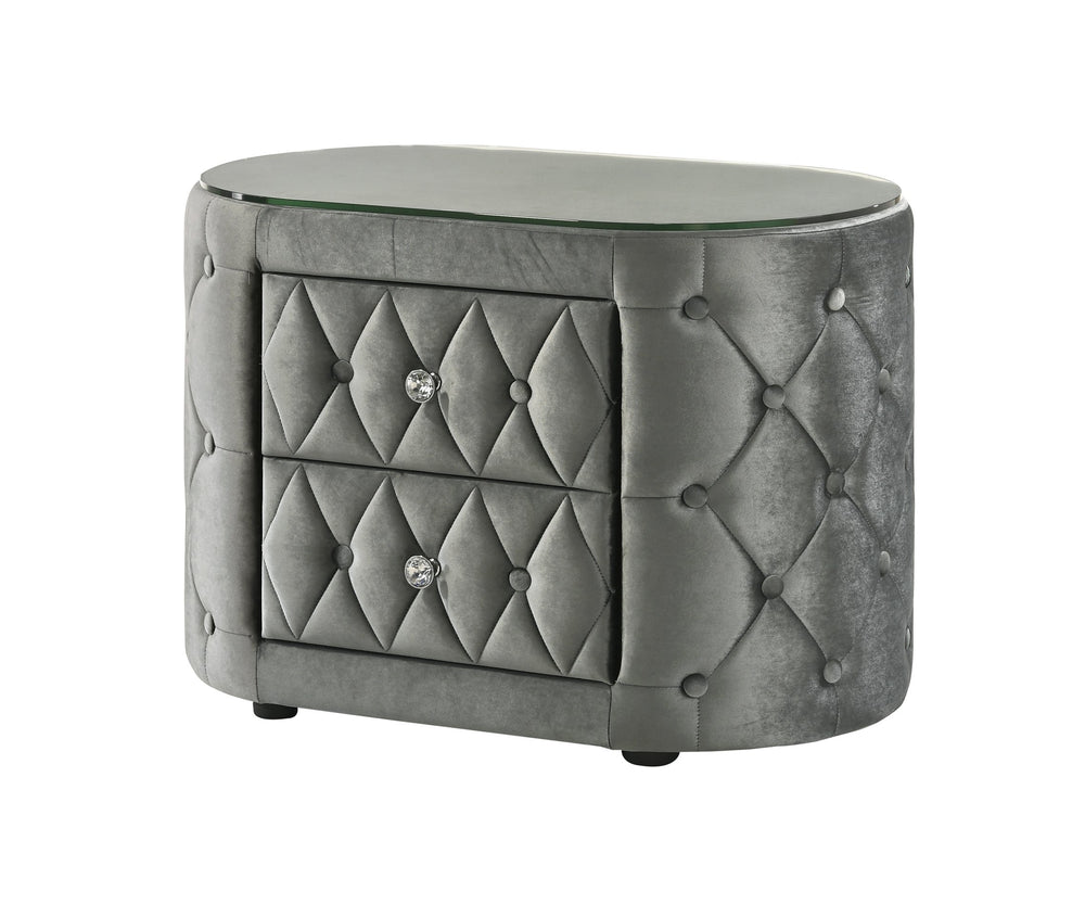 English Elm Luxurious Gray Oval Nightstand With Plush Tufted Upholstery & Tempered Glass Top - 2 Drawers! B2741P321011