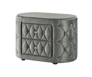 English Elm Luxurious Gray Oval Nightstand With Plush Tufted Upholstery & Tempered Glass Top - 2 Drawers! B2741P321011