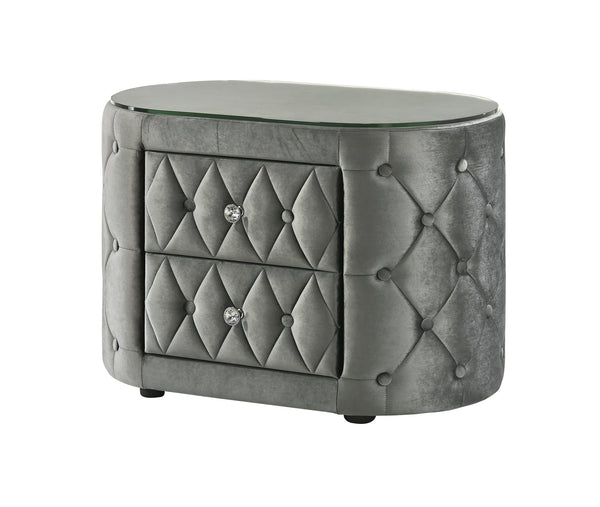 English Elm Luxurious Gray Oval Nightstand With Plush Tufted Upholstery & Tempered Glass Top - 2 Drawers! B2741P321011