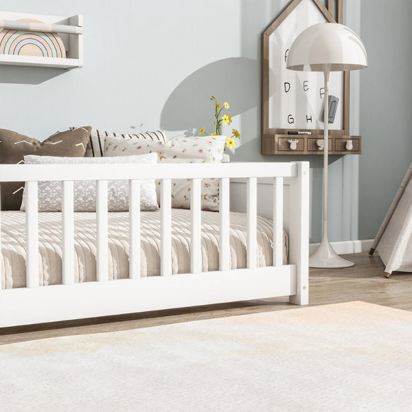 English Elm Twin Floor Platform Bed With Built-In Book Rack, Safe Low Profile Design For Cozy Kids' Rooms! W504P345765-GIGA