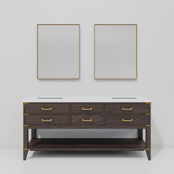 English Elm Brown Oak Double Bath Vanity With White Quartz Top & Two Mirrors - Stylish Storage Solution! B2731S01641