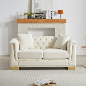 English Elm {video] Chesterfield Two-seater Velvet Sofa with Nailhead Trim and Tufted Gold Leg Luxury Beige W1926S00093