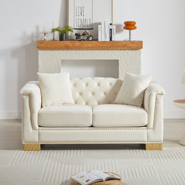 English Elm {video] Chesterfield Two-seater Velvet Sofa with Nailhead Trim and Tufted Gold Leg Luxury Beige W1926S00093
