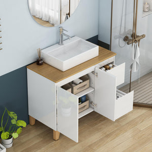 English Elm 36-inch Glossy White Bathroom Vanity with Ceramic Sink Soft Close Drawers Minimalist W3151S00072