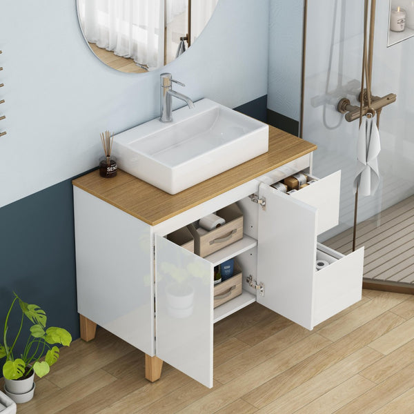 English Elm 36-inch Glossy White Bathroom Vanity with Ceramic Sink Soft Close Drawers Minimalist W3151S00072