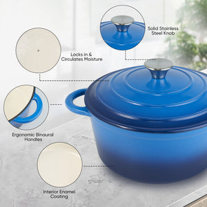 English Elm 4.5 Quart Dutch Oven Pot with Lid, Enameled Cast Iron, Nonstick Ceramic Surface for Even Cooking and Moisture-Retaining Baking up to 500°F Blue T3950P396341