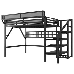 English Elm Queen Metal Loft Bed with Staircase Wardrobe Rgb Lighting Industrial Frame W2580S00067