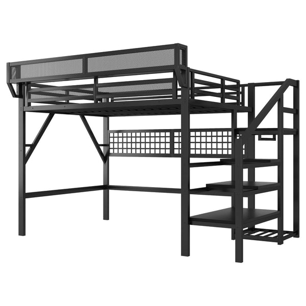 English Elm Queen Metal Loft Bed with Staircase Wardrobe Rgb Lighting Industrial Frame W2580S00067