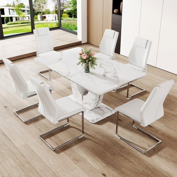 English Elm Table And Chair Set - Modern Marble Pattern Mdf Dining Set With 6 White Pu Chairs For Elegance W1151S02182-GIGA