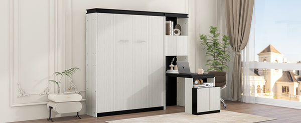 English Elm Full Full Size Murphy Bed with Desk, Shelves & Cabinets in Black+White — Space-Saving, Sturdy Design GX002042AAE