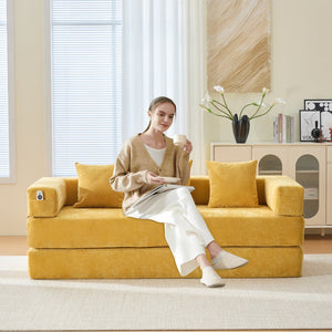 English Elm UNITED Folding Sofa Bed with Removable Cover Zipper, Chenille Memory Foam Sleeper for Small Spaces Yellow W1568P293806