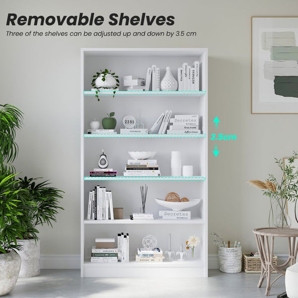 English Elm 5 Shelf Tall White Wood Bookcase with Adjustable Shelves for Bedroom or Office T3623P437039