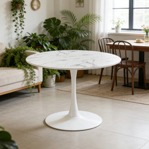 English Elm 42.1" Round Marble Look Pedestal Dining Table Mid Century Modern Seats Six White W234P453955