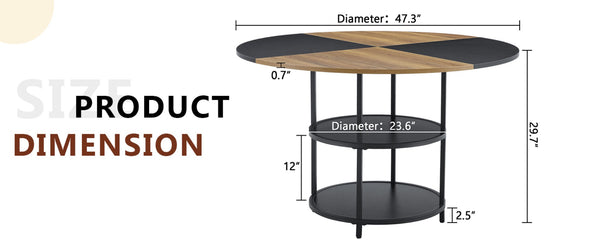 English Elm 47.3-inch Round Dining Table Geometric Wood Black Mdf Top with Built-in Storage Shelf W1151P268732