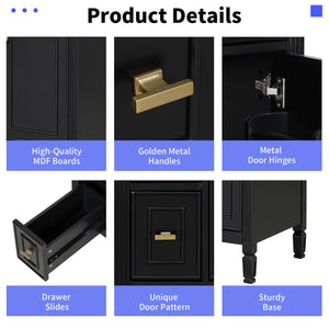 English Elm 24-Inch Bathroom Vanity with Sink, Solid Wood & MDF, Ceramic Top, Gold Handles, Flip Drawer Design Black N725P350824B