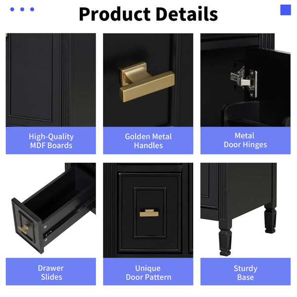 English Elm 24-Inch Bathroom Vanity with Sink, Solid Wood & MDF, Ceramic Top, Gold Handles, Flip Drawer Design Black N725P350824B