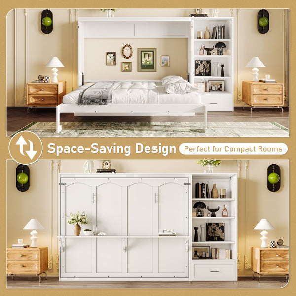 English Elm Queen Murphy Bed with Built-In Shelves, Height-Adjustable Storage & Drawer for Small Spaces White 71.6 L x 21.5 W x 6.1 H N733S309223K