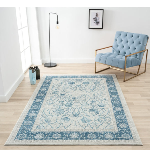 HomeRoots 6' Gray And Blue Floral Runner Rug - Elegant, Durable Design for Hallways, Kitchens & High-Traffic Areas 719015