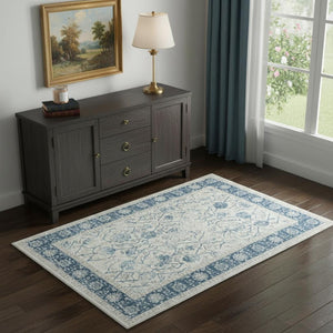 HomeRoots 6' Gray And Blue Floral Runner Rug - Elegant, Durable Design for Hallways, Kitchens & High-Traffic Areas 719015