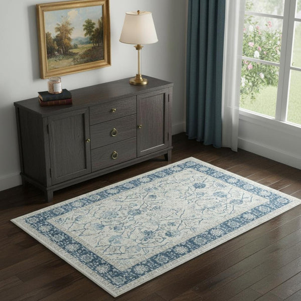 HomeRoots 6' Gray And Blue Floral Runner Rug - Elegant, Durable Design for Hallways, Kitchens & High-Traffic Areas 719015