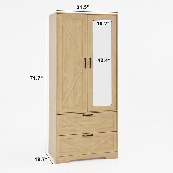 English Elm 2 Door Wardrobe Closet with Full Length Mirror Motion Light Hanging Rod and Drawers Natural W409P266780
