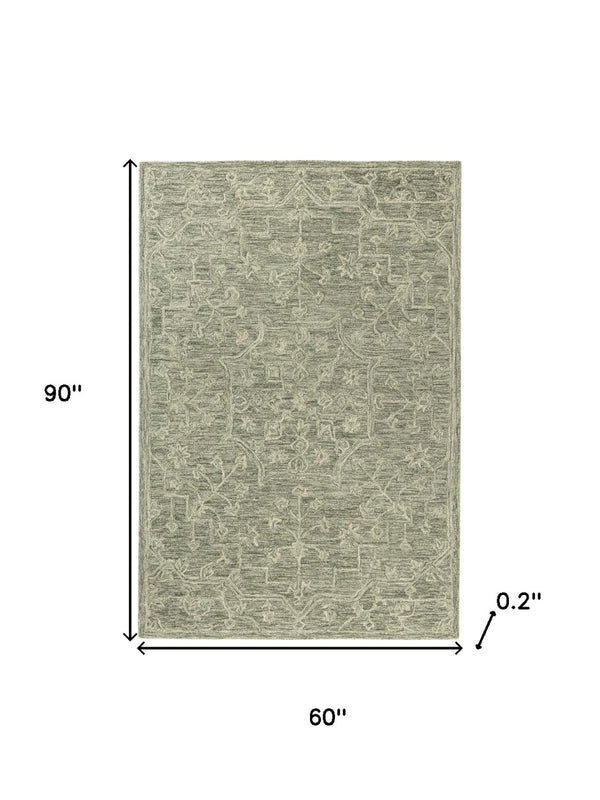 HomeRoots 5' Hand-Tufted Wool Floral Round Rug in Green and Ivory – Timeless Charm for Any Space! 719026