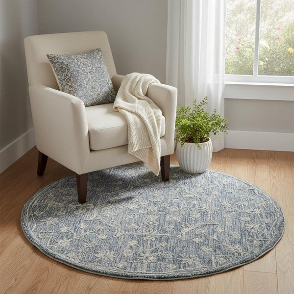 HomeRoots 8' Blue Floral Hand-Tufted Wool Runner Rug – Artisanal Charm for Hallways & Entryways, Unique Design 719036