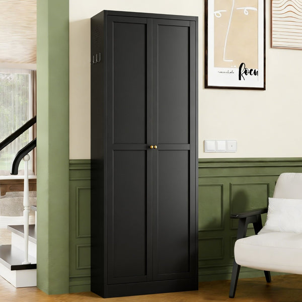 English Elm 61" Matte Black Steel Freestanding Pantry Cabinet with 4 Adjustable Shelves Modern Farmhouse T2398P465984