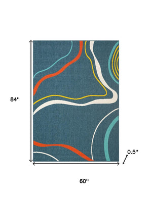 HomeRoots 5' Modern Abstract Area Rug in White, Blue & Red – Durable, Stylish, Perfect for High-Traffic Areas! 719078