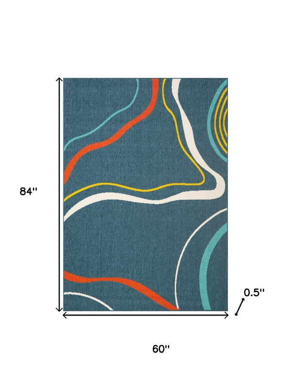 HomeRoots 5' Modern Abstract Area Rug in White, Blue & Red – Durable, Stylish, Perfect for High-Traffic Areas! 719078