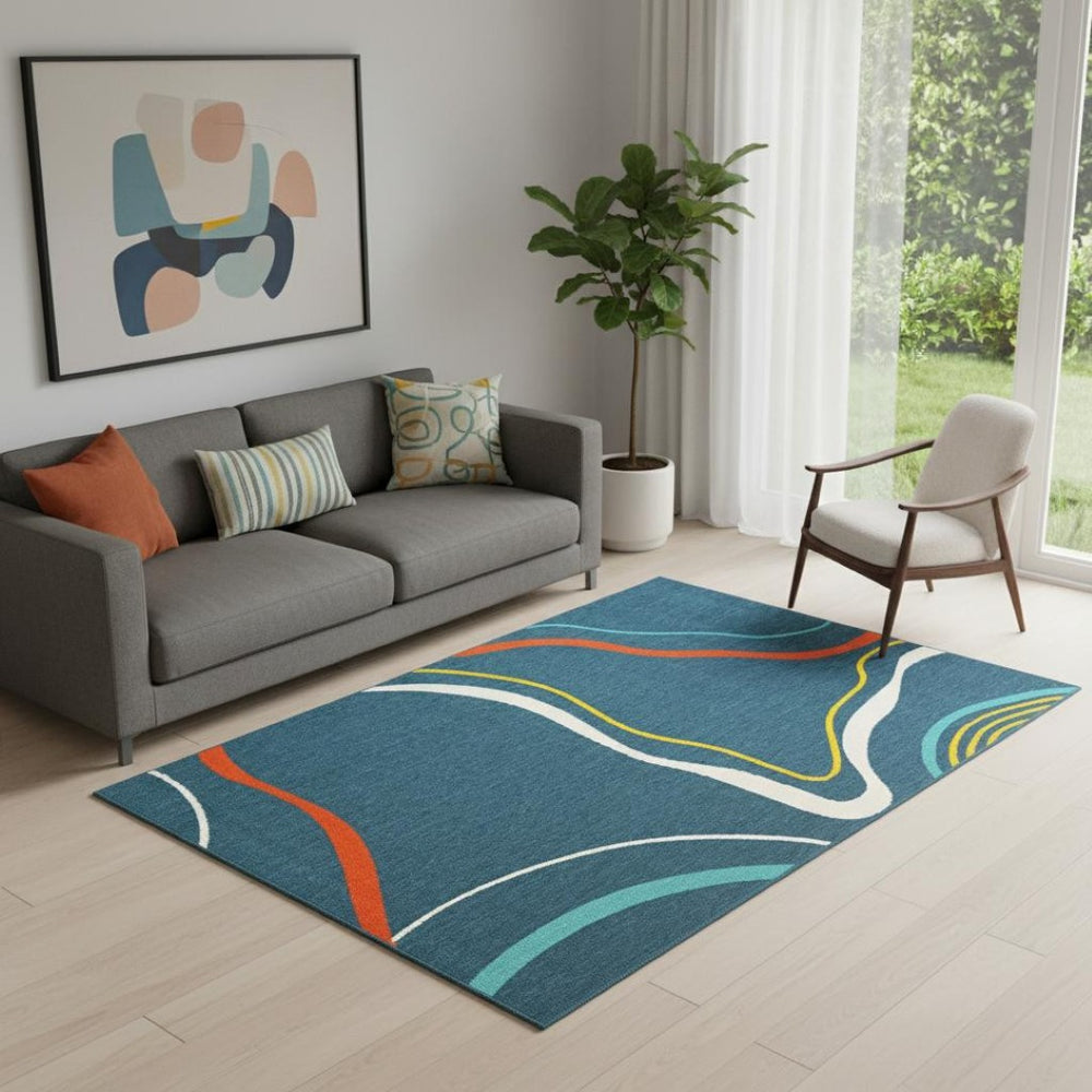 HomeRoots 5' Modern Abstract Area Rug in White, Blue & Red – Durable, Stylish, Perfect for High-Traffic Areas! 719078