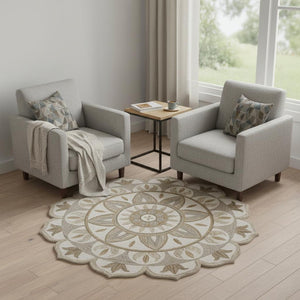 HomeRoots 5' Hand-Tufted Wool Medallion Round Rug in Soft Ivory and Beige – Artisan Crafted Comfort & Style 719091