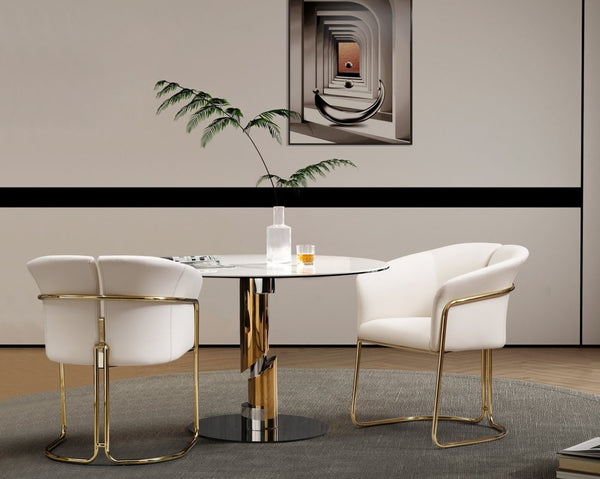 HomeRoots Taupe Boucle and Steel Dining Arm Chair - Contemporary Comfort with Elegant Gold-Finished Legs 719094