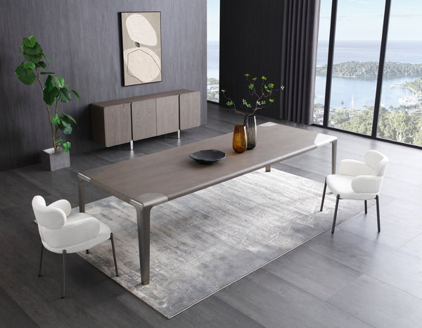 HomeRoots Set of Two Modern Light Gray Boucle Dining Arm Chairs with Open Back & Stainless Steel Frame 719096