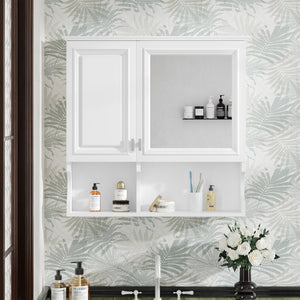 English Elm 30 30 Inch Mirror Medicine Cabinet with Half-Moon Design, Soft-Close Hinges, Open Shelf & Solid-Wood Frame White N710P322812K