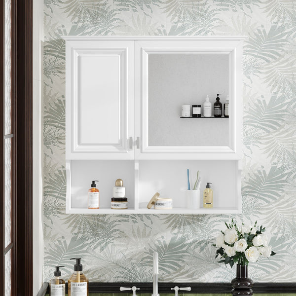 English Elm 30 30 Inch Mirror Medicine Cabinet with Half-Moon Design, Soft-Close Hinges, Open Shelf & Solid-Wood Frame White N710P322812K