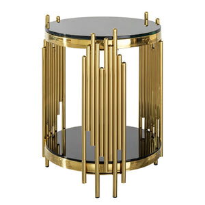 English Elm Luxury Two Tier Round Side Table Black Tempered Glass Gold Steel Wave Frame Glam W2723P252342