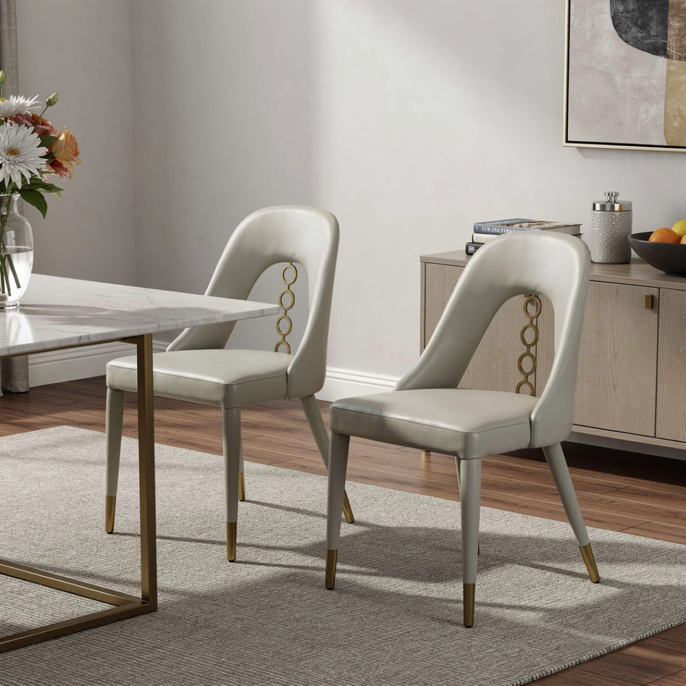 HomeRoots Set of Two Modern Light Gray Faux Leather Dining Chairs with Silver Stainless Steel Frames 719104