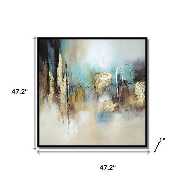 HomeRoots Gold Textured Floral Vase - 47" Hand-Painted Mixed-Media Art with White Floater Frame for Modern Elegance 719137