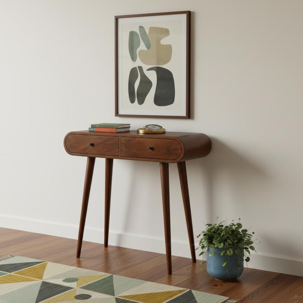 HomeRoots 32" Brown Solid Wood Console Table with Two Drawers - Stylish Mid-Century Design for Any Space 719147