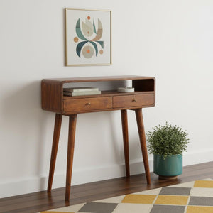 HomeRoots 34" Elegant Brown Solid Wood Console Table with Drawers and Open Shelf for Stylish Storage Solutions 719149
