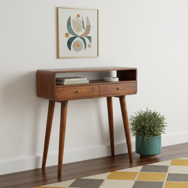 HomeRoots 34" Elegant Brown Solid Wood Console Table with Drawers and Open Shelf for Stylish Storage Solutions 719149