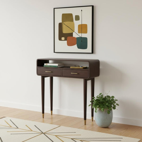 HomeRoots 35" Brown Solid Wood Console Table with Two Drawers - Elegant Mid-Century Design for Any Space 719159
