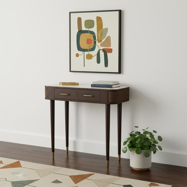 HomeRoots 35" Brown Solid Wood Console Table with Two Drawers – Mid-Century Style for Living Spaces & Storage 719160