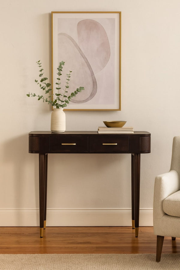 HomeRoots 35" Brown Solid Wood Console Table with Two Drawers – Mid-Century Style for Living Spaces & Storage 719160