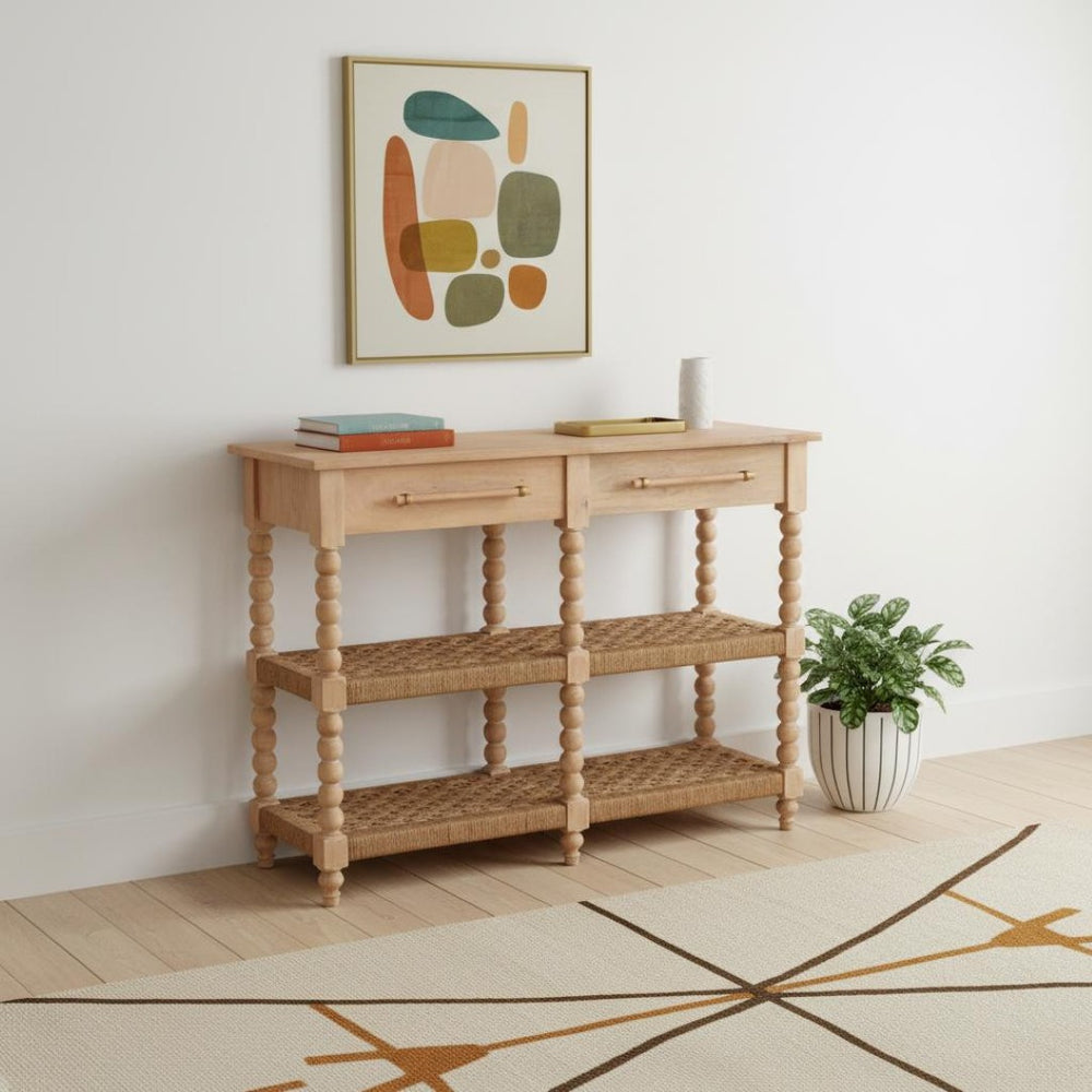 HomeRoots 47" Brown Solid Wood Console Table with Drawers and Shelf - Mid-Century Design for Any Space 719171