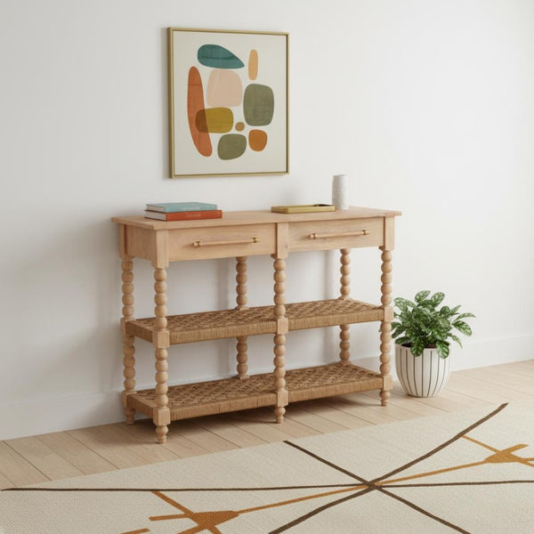 HomeRoots 47" Brown Solid Wood Console Table with Drawers and Shelf - Mid-Century Design for Any Space 719171