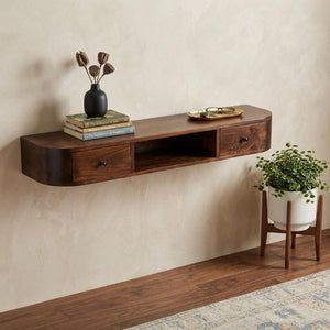 43 Inch Chestnut Solid Wood Floating Console with Open Shelf and Dual Drawers