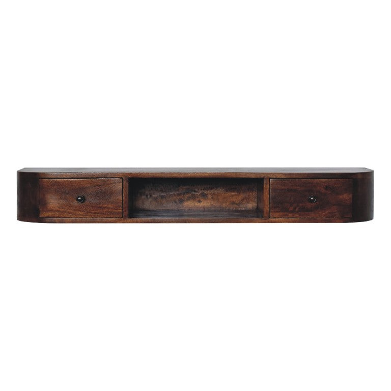 HomeRoots 43 Inch Chestnut Solid Wood Floating Console with Open Shelf and Dual Drawers 719172
