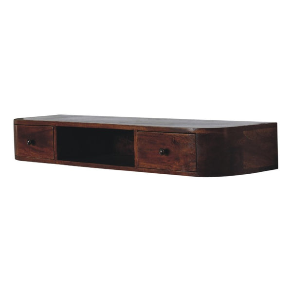 43 Inch Chestnut Solid Wood Floating Console with Open Shelf and Dual Drawers